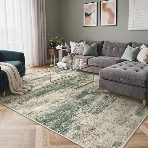 GENIMO 8x10 Area Rug Washable Non Slip for Living Room, Sage Sand | Modern Abstract, Lightweight Low Pile Thin Mat, Spill and Stain Resistant Soft Carpet for Bedroom, Nursery Dining Room Office