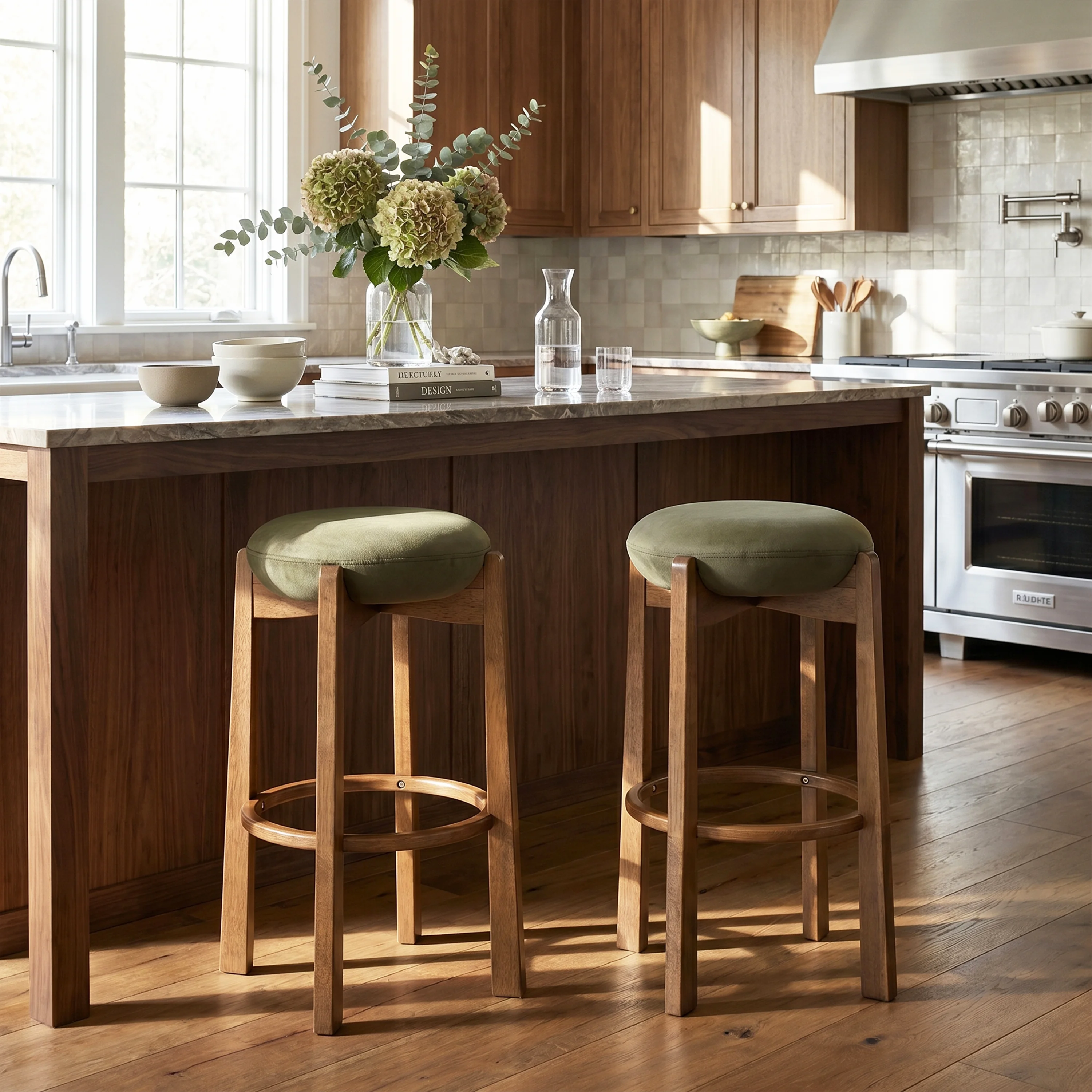 Lunara Mid-Century Modern Rubberwood Upholstered Barstools With Curved Back And Footrest