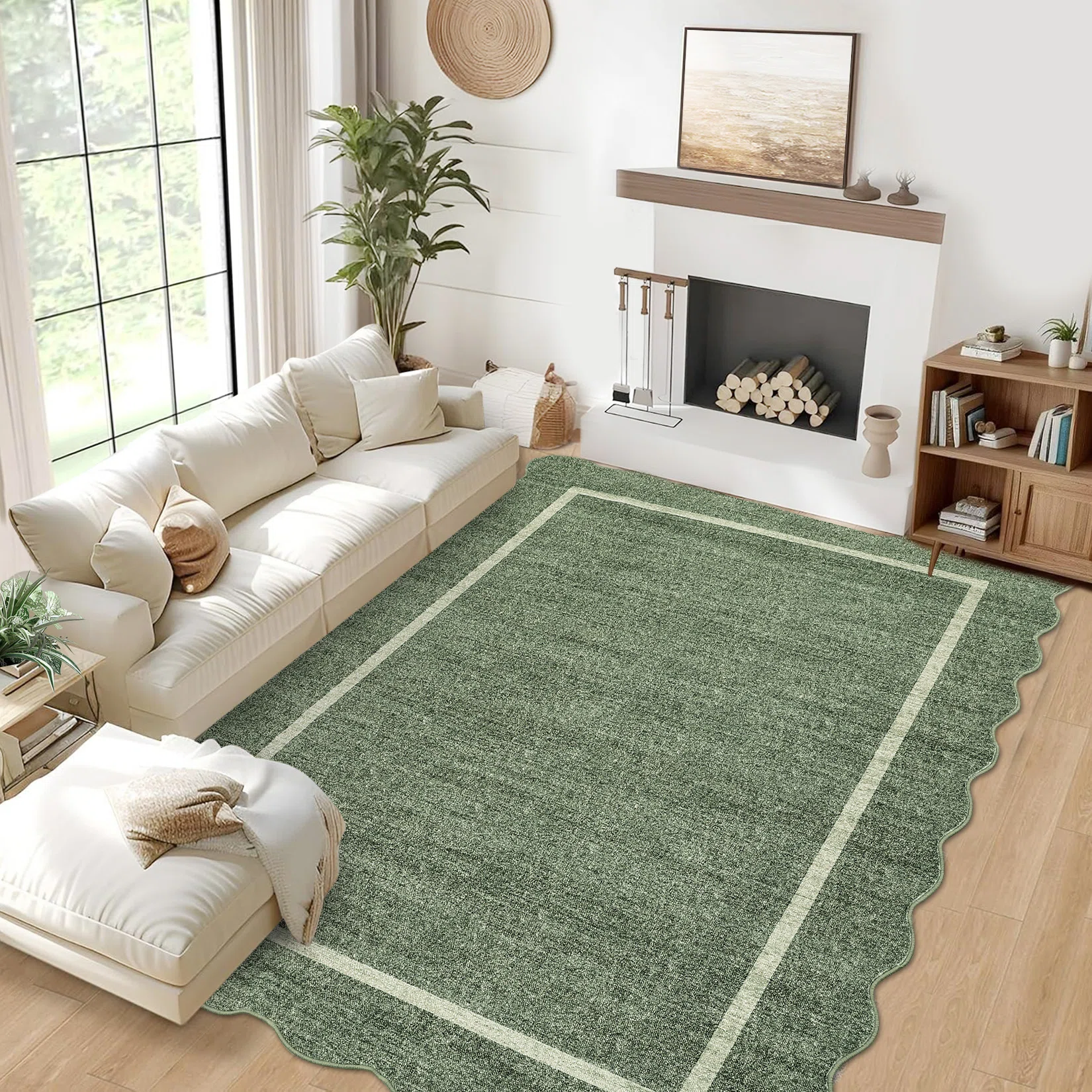Scalloped Machine Washable Rug Non-Slip Bordered Floor Mats Non-Shedding Soft Low Pile Modern Accent Rugs for Living Room Bedroom Office