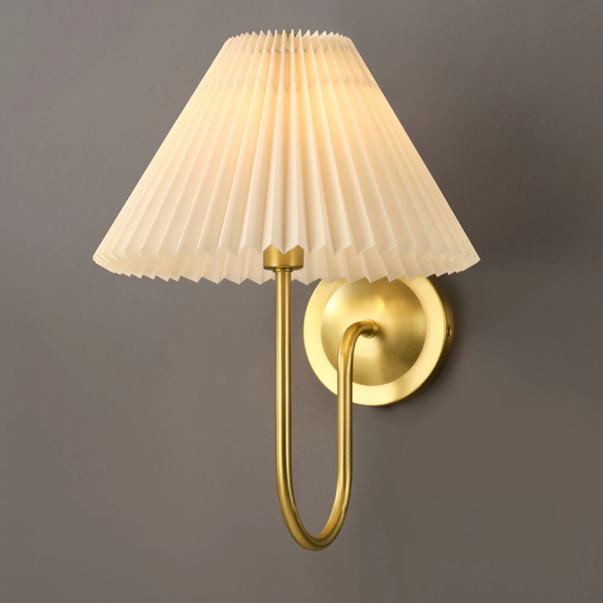 Novogratz X Globe 1-Light Plug-In Or Hardwire Wall Sconce, Matte Brass, Off-White Pleated Fabric Shade, In-Line On/Off Rocker Switch, 6 Ft. Cream Designer Braided Fabric Cord