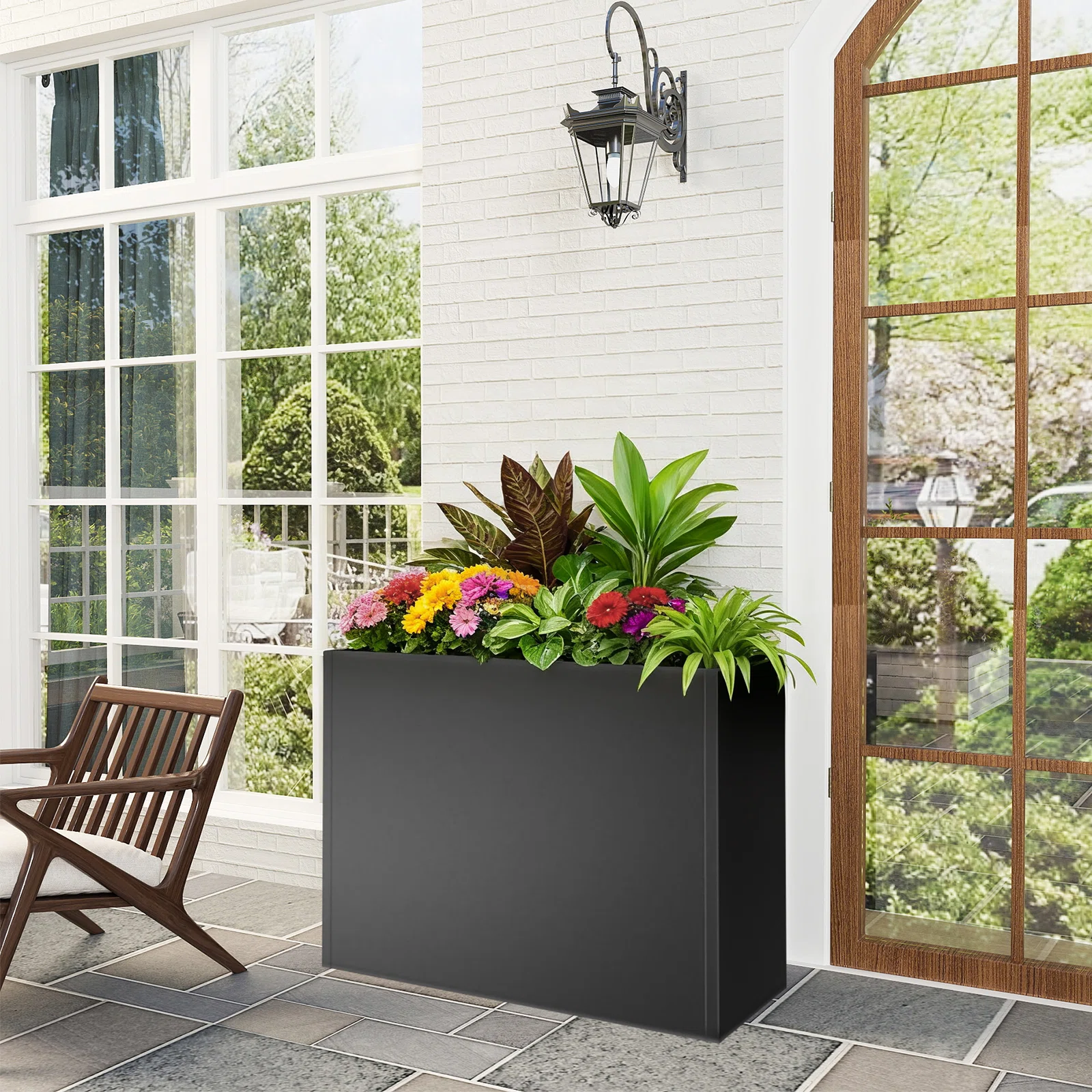 Metal Planter Box Heavy Duty Tall Rectangle Outdoor Planter Box With Removable Insert Shelves For Porch, Garden, Patio, Yard (Black)