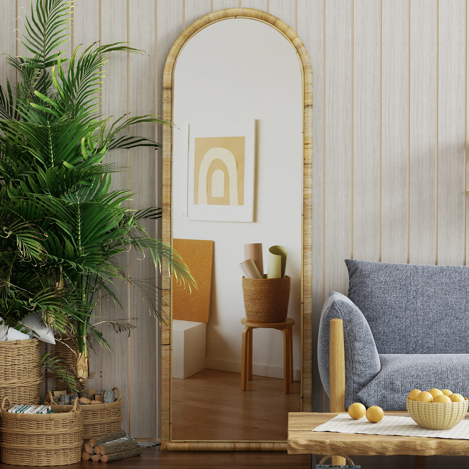Elize Arch Rattan Full Length Mirror, 63'' x 20'' Full Body Floor Mirror for Bedroom Cloakroom