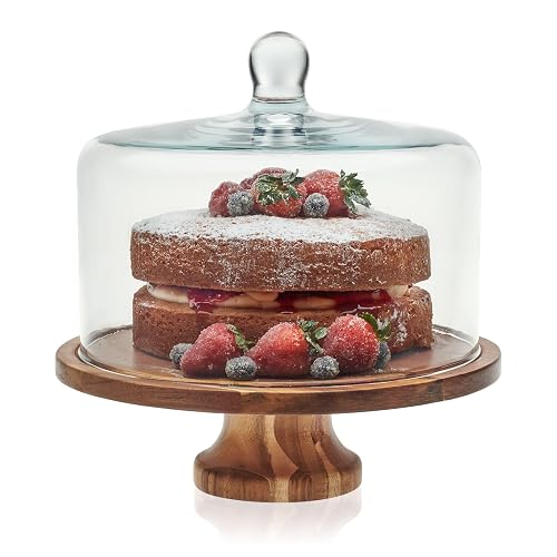 Wood Cake Stand with Glass Dome Lid, Footed Server | Warm Acacia Wood: Display cakes, muffins, cheese, and pastries with a tall glass dome and easy-lift handle