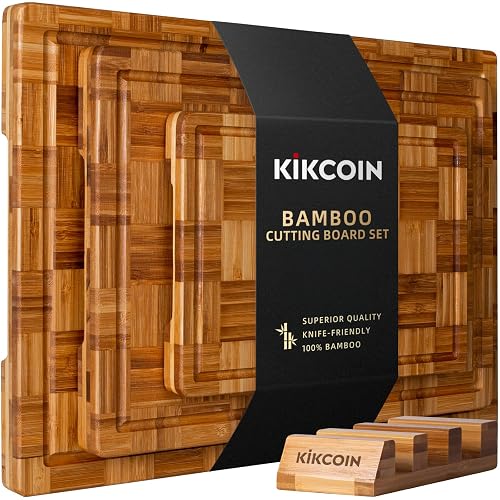 Extra Large Bamboo Cutting Board, Wood Cutting Boards for Kitchen | Set of 3 Charcuterie & Chopping Boards with Juice Groove & Storage Stand End Grain Serving Tray