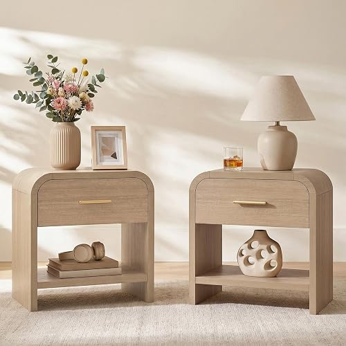 EliteSet Night Stand Set of 2, 1-Drawer and 1 Storage Shelf | [Curved Profile] [P2 Engineered Wood Board] Nightstand 24" H Metal Handle Modern Bedside Table Side Table End Table