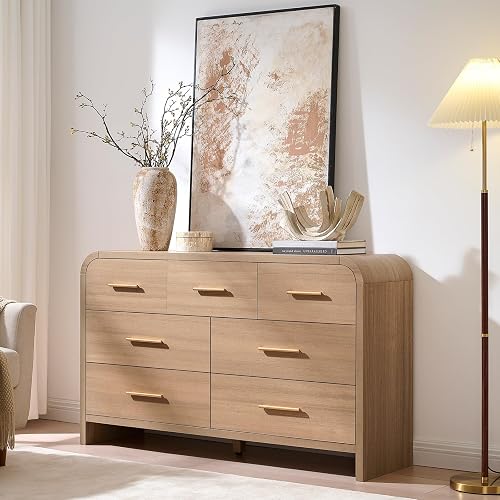 Curved Drawer Dresser for Bedroom with 7 Drawers, 54'' Wide Chest of Drawer | Modern Wooden Closet Clothes Storage Organizer for Living Room, Hallway, 1.18" P2 Engineered Wood, Metal Handle, Gray Oak