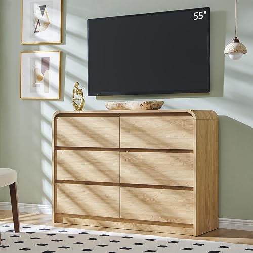 Aitjunz Modern 6 Drawers Dresser for Bedroom, 47" Wide Dresser, Natural Oak | Wooden Dressers & Chests of Drawers w/Curved Profile Design, Mid Century Dresser w/Handleless Design for Bedroom, Living Room
