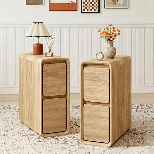 Narrow Night Stand Set of 2, Slim Small Nightstands with 2 Drawers,Natural | Slim Night Stand Set of 2,Narrow Modern Small Night Stand, 2 Drawer Skinny Bedside Table, Wooden End Table for Bedroom