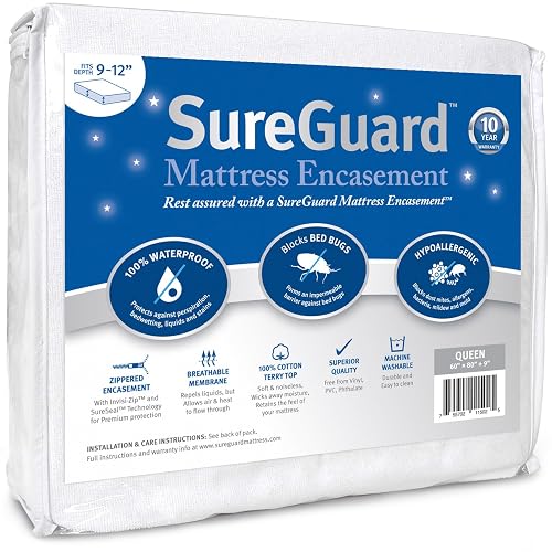 SureGuard Queen (9-12" Deep) Zippered Mattress Protector Encasement | Six-Sided Waterproof, Bed Bug Proof, Hypoallergenic Dust Mite Mattress Cover, Soft Noiseless Breathable Cotton Terry Top Pad