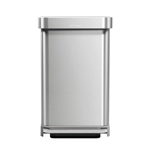 simplehuman Rectangular Step Can, 45L / 12 Gallon Kitchen Trash Can, Liner Rim System, Liner Pocket®, 150,000-Step Pedal, Lid Shox® Silent Close, Brushed Stainless Steel with Grey Plastic Lid