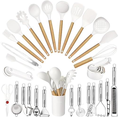 Cooking Utensils Set- 35 PCs Kitchen Utensils with Grater,Tongs, Spoon Spatula &Turner Made of Heat Resistant Food Grade Silicone and Wooden Handles Kitchen Gadgets Tools Set for Cookware