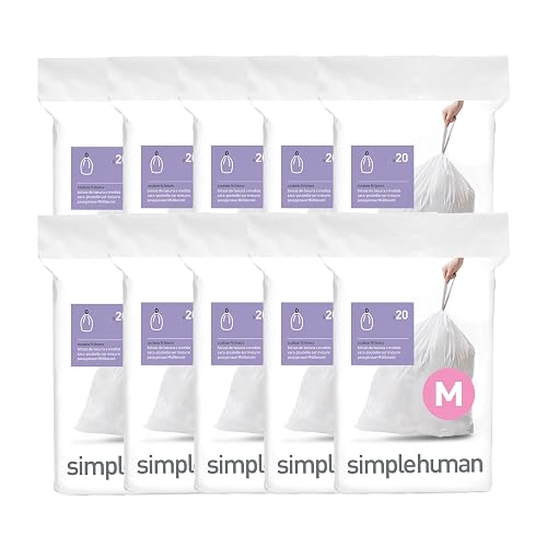 simplehuman Code M 200 Count Custom Fit Liners, Drawstring Kitchen Trash Bags, One-by-One Mess-Free Dispense, Extra Thick & Double Seamed, 50% PCR Plastic, 40-45 Liter / 11-12 Gallon, White