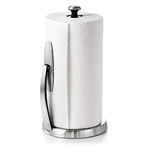 OXO Good Grips SimplyTear Paper Towel Holder Countertop for Kitchen | One-handed Tear, Weighted Stainless Steel Non-Slip Base, Countertop Organizer, Stable Dispensing, Fits any Size of Rolls