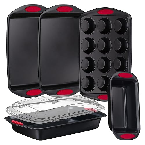 NutriChef 6-Piece Baking Pan Set - Carbon Steel Stackable Bakeware with Red Silicone Handles & Nonstick Coating, Includes Cookie Sheets, Roaster Pan with Lid, Loaf Pan, and 12 Cup Muffin Pan (Black)
