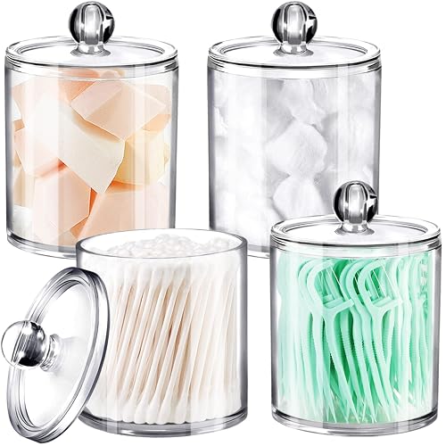 SheeChung 4 Pack Clear Acrylic Qtip Holder with Lids for Bathroom | Cotton Round Holder with Labels - Apothecary Jars for Bathroom - Vanity Storage Canisters for Cotton Swabs,Balls,Floss Picks