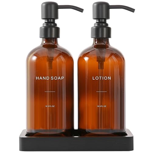 Prus Waso Amber Glass Soap Dispenser Set | Hand Soap and Lotion Set with Black Stainless Steel Pump, Perfect for Modern Bathroom Decor