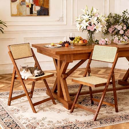 Rattan Dining Chairs Walnut Natural Resin Rattan Chair Foldable 2 Pack | Vintage Patio Dining Chairs With 360°swivel Backrest