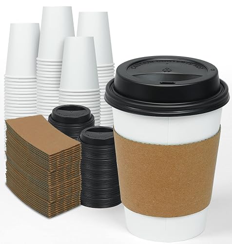 Ginkgo 100 Pack 12 oz Thickened Coffee Cups with Lids and Sleeves | Disposable To Go Paper Coffee Cups Hot Chocolate, Cocoa, Coffee Bar Accessories Supplies
