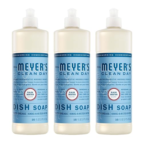 MRS. MEYER'S CLEAN DAY Liquid Dish Soap, Rain Water, 16 fl oz, 3 Pack | Cuts Through Grease, Removes 48-Hour Stuck on Food, Cruelty Free, Made with Essential Oils and Aloe Vera Extract