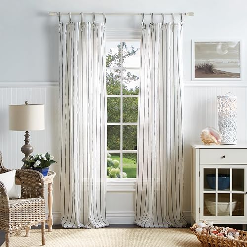 Martha Stewart Laguna Stripe Semi-Sheer Tie Tab Window Curtain Panel Pair, 95", Navy