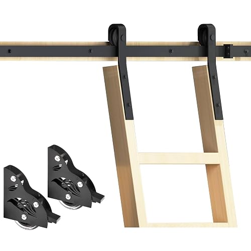 DIYHD 8FT Home Office Sliding Library Ladder Hardware, Rustic Black Barn Style Rolling Stepladder Track Kit,Bottom Wheel with Brake,MAX Load 300lbs,(No Ladder)