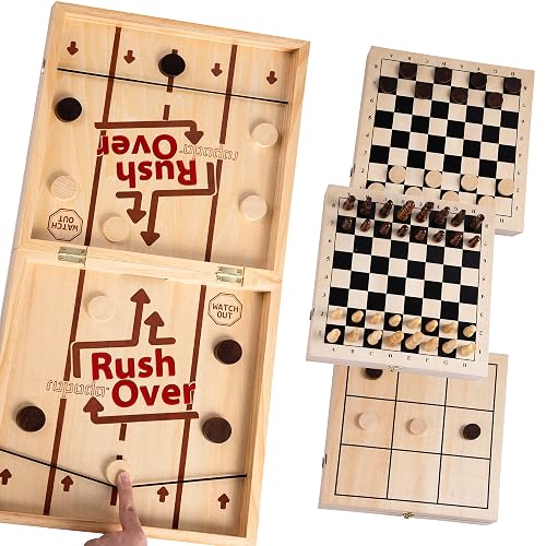 ropoda Fast Sling Puck Game, 4 in 1 Portable Wooden Board Games Set for Adults and Kids, Easter Basket Stuffer Idea, Chess, Checkers and Tic Tac Toe, Foldable Tabletop Wooden Hockey Game - Large Size
