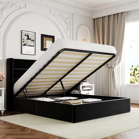 Allewie Queen Size Lift Up Hydraulic Storage Bed Frame Light Beige | Modern Wingback Headboard