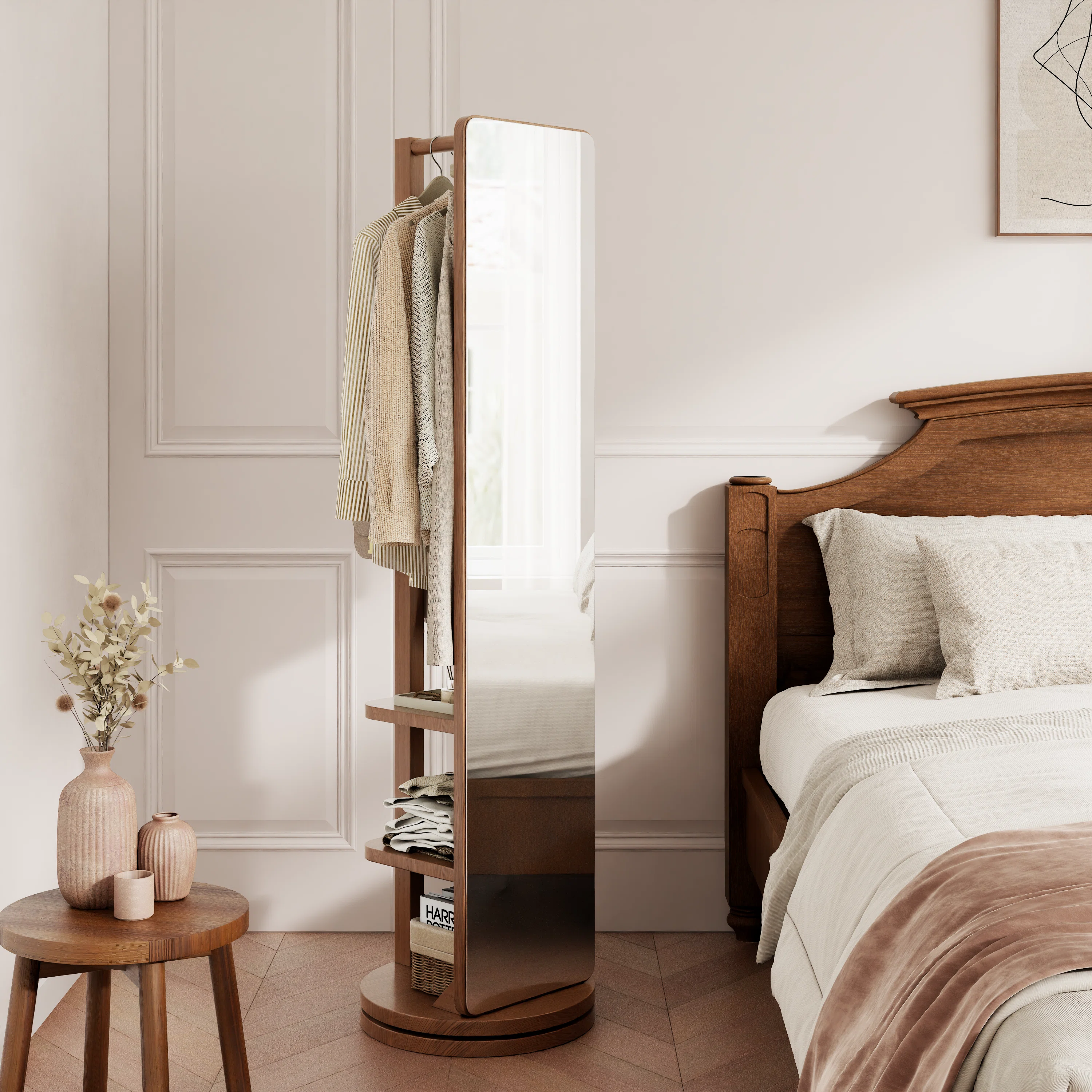 Aevah Solid Wood Full Length Mirror with Coat Rack