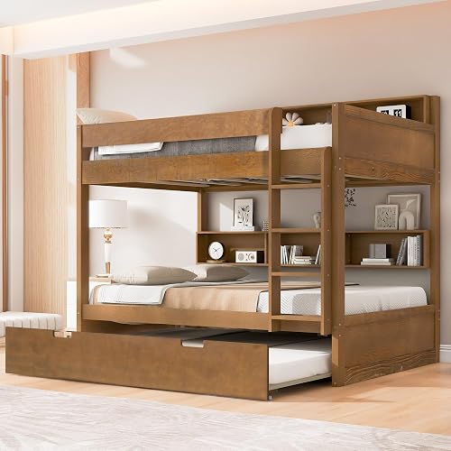 Merax Full Over Full Bunk Bed with Twin Trundle and Storage, Antique Wood | Space Saving Bunk Beds 2 Beds with Ladder for Kids, Teens or Adults, Kidsroom or Dormitory, No Box Spring Needed