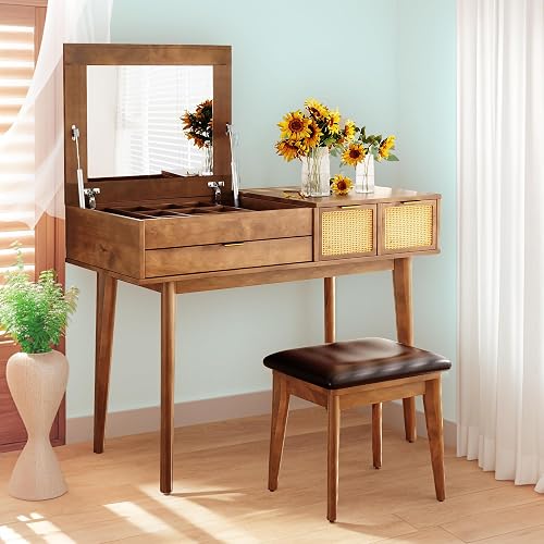 HMYFGD 43" Wood Makeup Vanity Desk with Flip-top Mirror and 3 Drawers, Modern Vanity Dressing Table Set with Storage Space and Cushioned Stool, Brown Vanity Makeup Desk Set for Bedroom