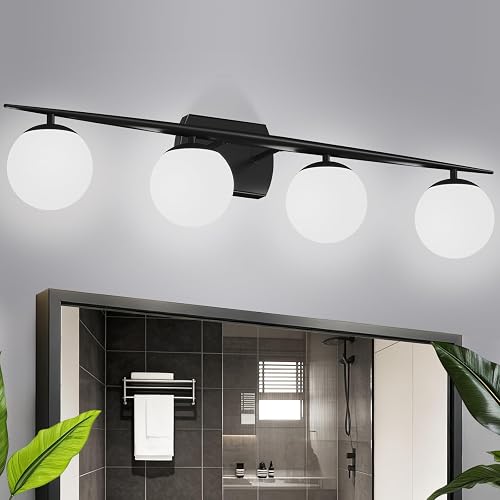 LOBREG Black Vanity Lighting Fixtures, 4-Light 34.7 Inch Modern Bathroom Light with Milky White Frosted Glass Shades, Wall Lights for Bathroom, Bedroom, Living Room（G9 Bulb not Included）