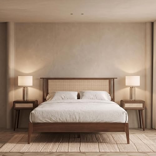Ruby Wooden Bed Frame with Headboard and Natural Rattan, Solid Oak/Rubber Wood Foundation with Silent Slats, 1000 Lb Capacity, Effortless Assembly (Natural Cane - Dark Walnut, Queen)