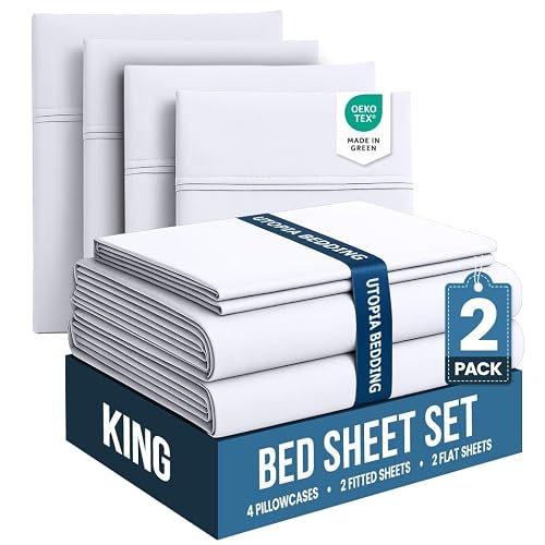 King Sheets Set, 4 Pieces 16" Deep Pocket Hotel Luxury Bed Sheets, White | Extra Soft Bedsheet Set for Kids, Women & Men, Comfy & Breathable Cooling Sheets, 2 Fitted Sheet, 2 Flat Sheet, 4 Pillowcase