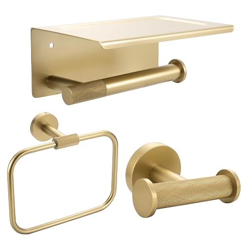 MACAJM Toilet Paper Holder Set,304 Stainless Steel,PVD Brushed Gold Finish | Solid Brass Knurled Details; 3-Piece Bathroom Hardware Set: Toilet Paper Holder with Shelf, Towel Ring, and Robe Hook