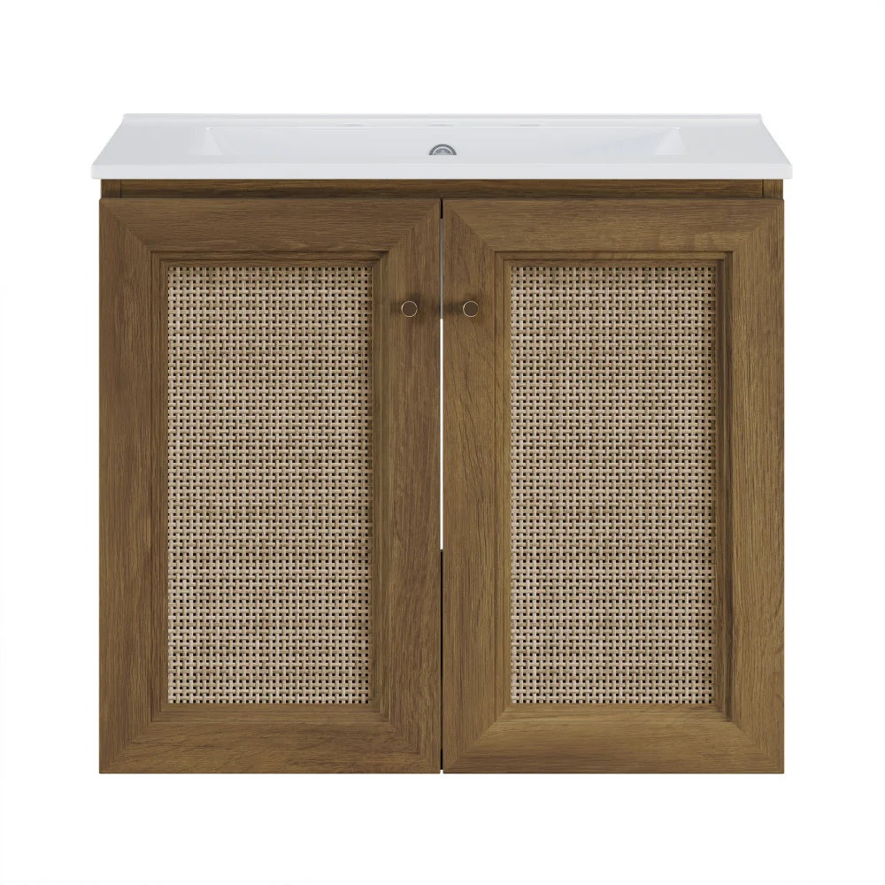 Classe 24" Wall-mounted Bathroom Vanity In Brown Oak With Widespread Faucet Holes Vanity Top