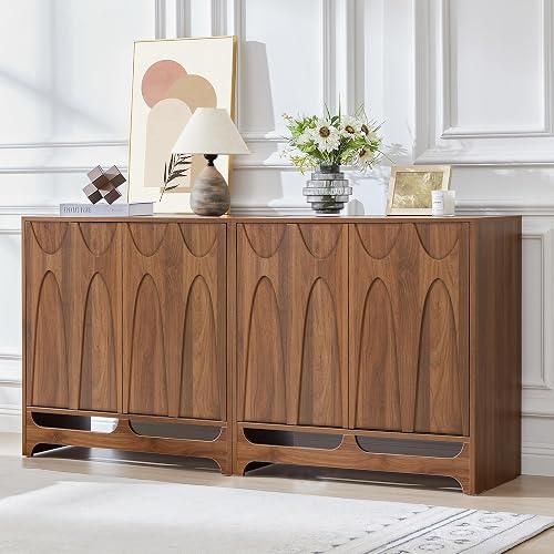 Bifins 63" W Walnut Sideboard Buffet Cabinet with Storage Set of 2 | Mid Century Modern Storage Cabinet with Adjustable Shelf and 4 Doors for Dining Room, Living Room,Entry
