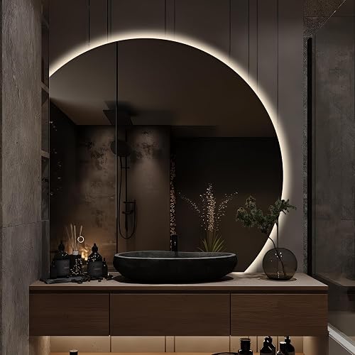 Niccy Half Moon LED Mirror for Bathroom, 28" Semi Backlit Frameless Makeup Mirror with Light, Anti-Fog, Shatter-Proof, 3 Colors, Smart Vanity Mirror
