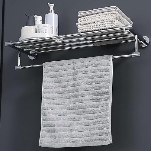 MACAJM 24 Inch Towel Shelf with Bar, Wall Mounted Towel Rack, Chrome | 304 Stainless Steel, Polished Chrome Finish, Knurled Detail, Upper Shelf for Folded Towels and Lower Bar for Bath Towels