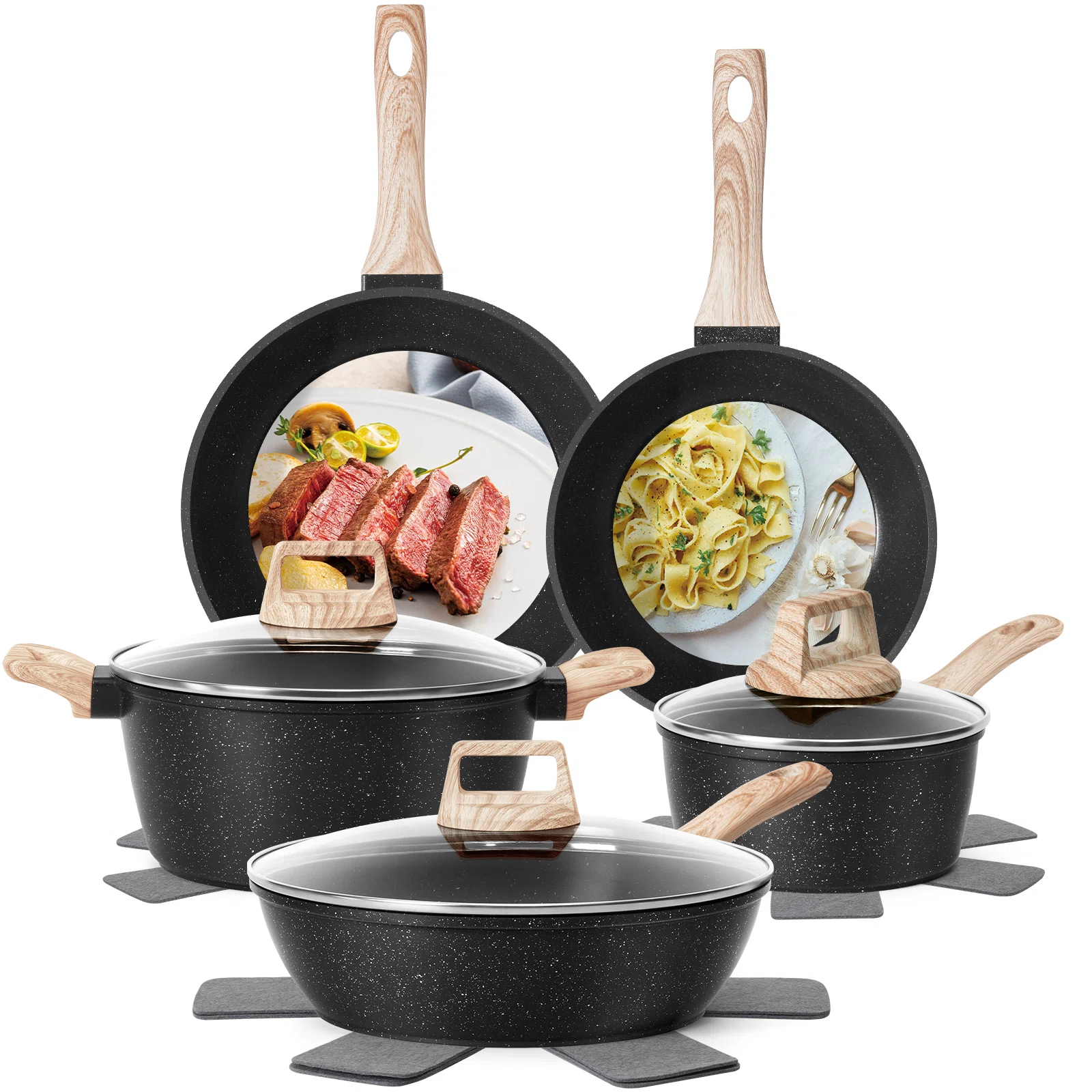 12 Pcs Pots And Pans Set, Nonstick Cookware Sets Black Granite Induction Cookware, Non-toxic Healthy Non Stick Kitchen Cooking Set With Frying Pans Set, Saucepans,steamer (pfas, Pfoa, Pfos Free)