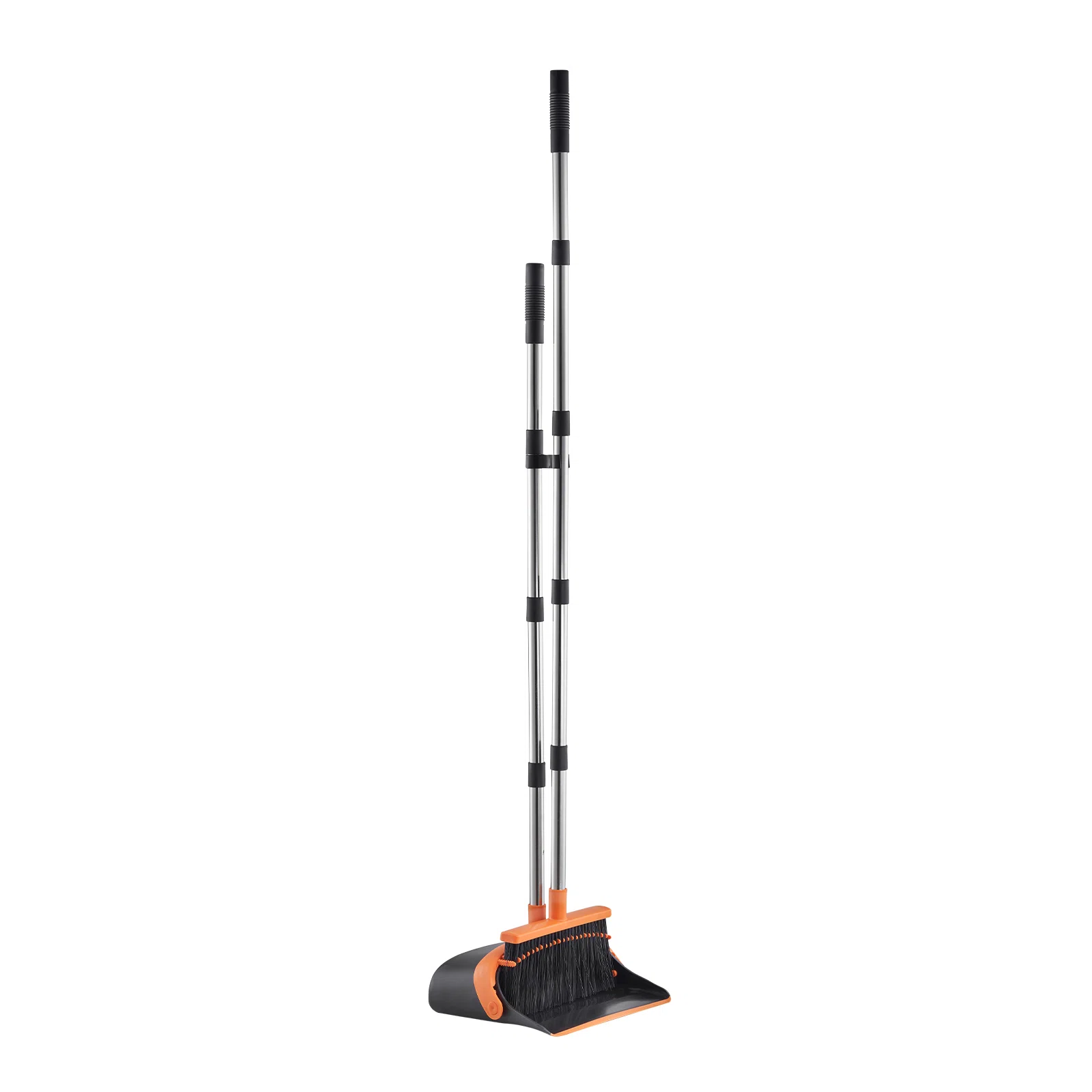 Broom and Dustpan Set, Heavy Duty Dustpan and Broom Combo with Self-Cleaning Teeth, Metal Upright Standing Dust Pan with Long Handle, Ideal for Home, Restaurant, Office, Dorm, Black+Orange