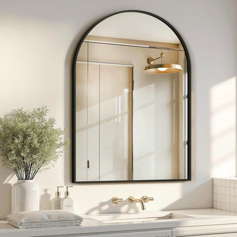 Ebern Designs Bathroom Mirror For Wall Arched Vanity Bathroom Mirror For Over Sink Metal Framed With Hd Shatter Proof Glass For Entryway Living Roombedroom