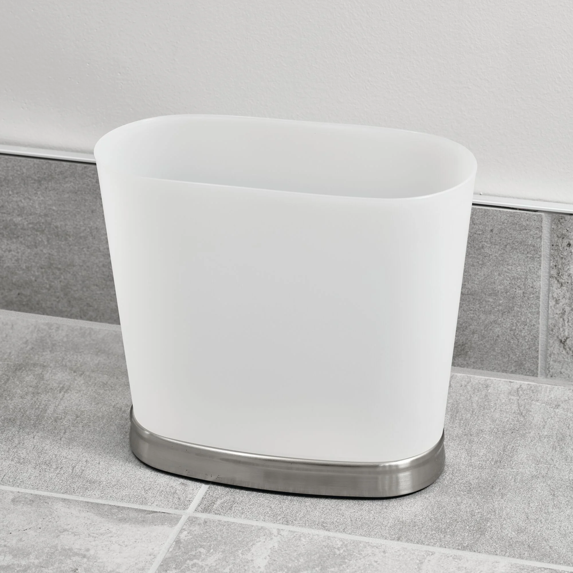 iDesign Small Oval Bathroom Trashcan - Gina Collection - Frost/Brushed Nickel