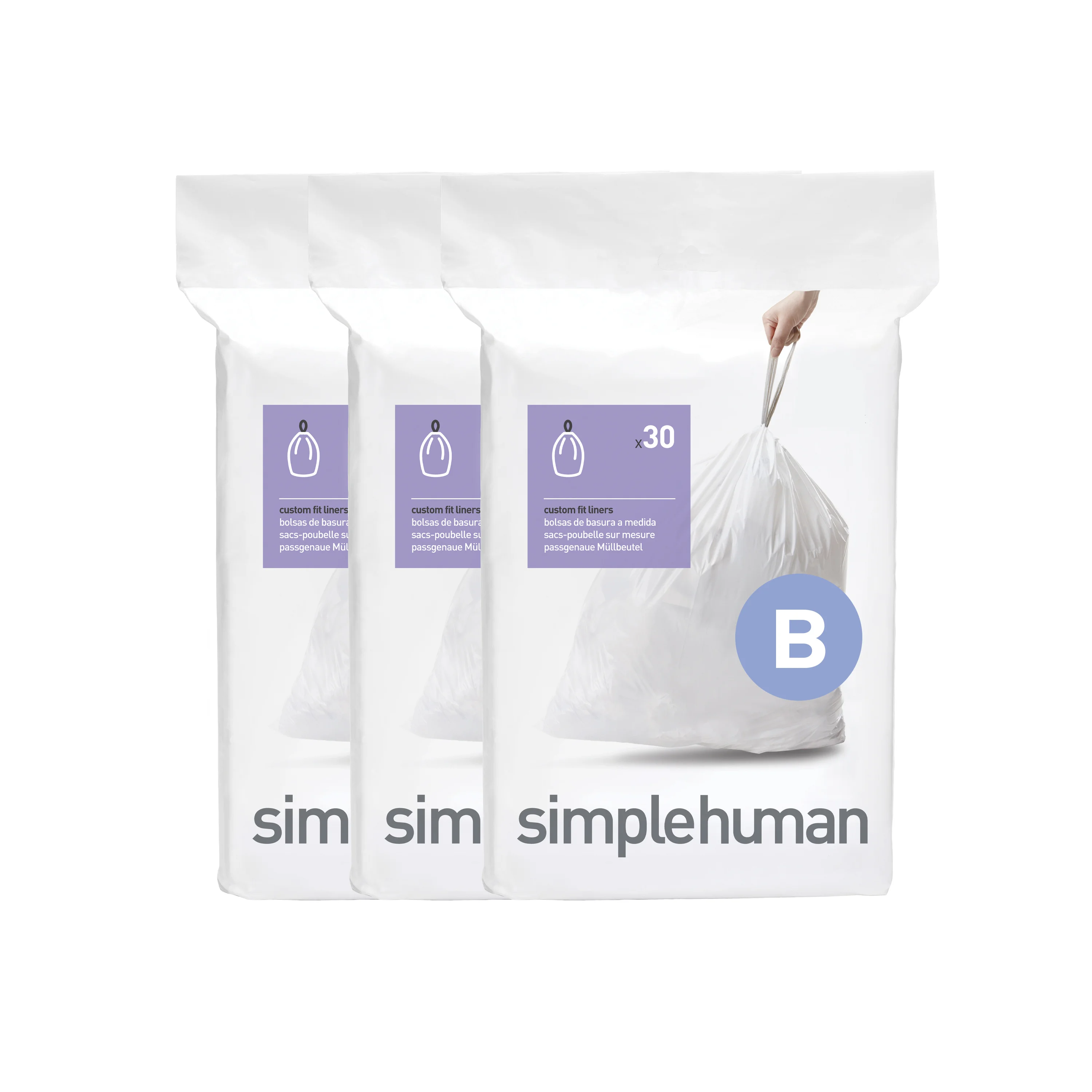 simplehuman Code B Custom Fit Trash Can Liner, 3 Refill Packs (90 Count), 6 Liter / 1.6 Gallon