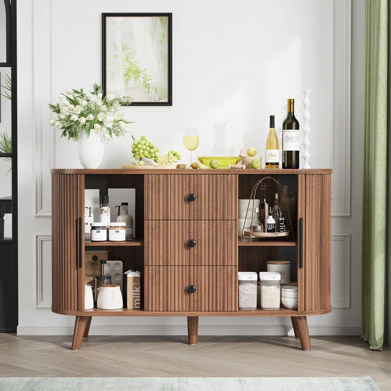 George Oliver Mid Century Modern Sideboard Buffet Cabinet With Sliding Tambour Doors Adjustable Shelves
