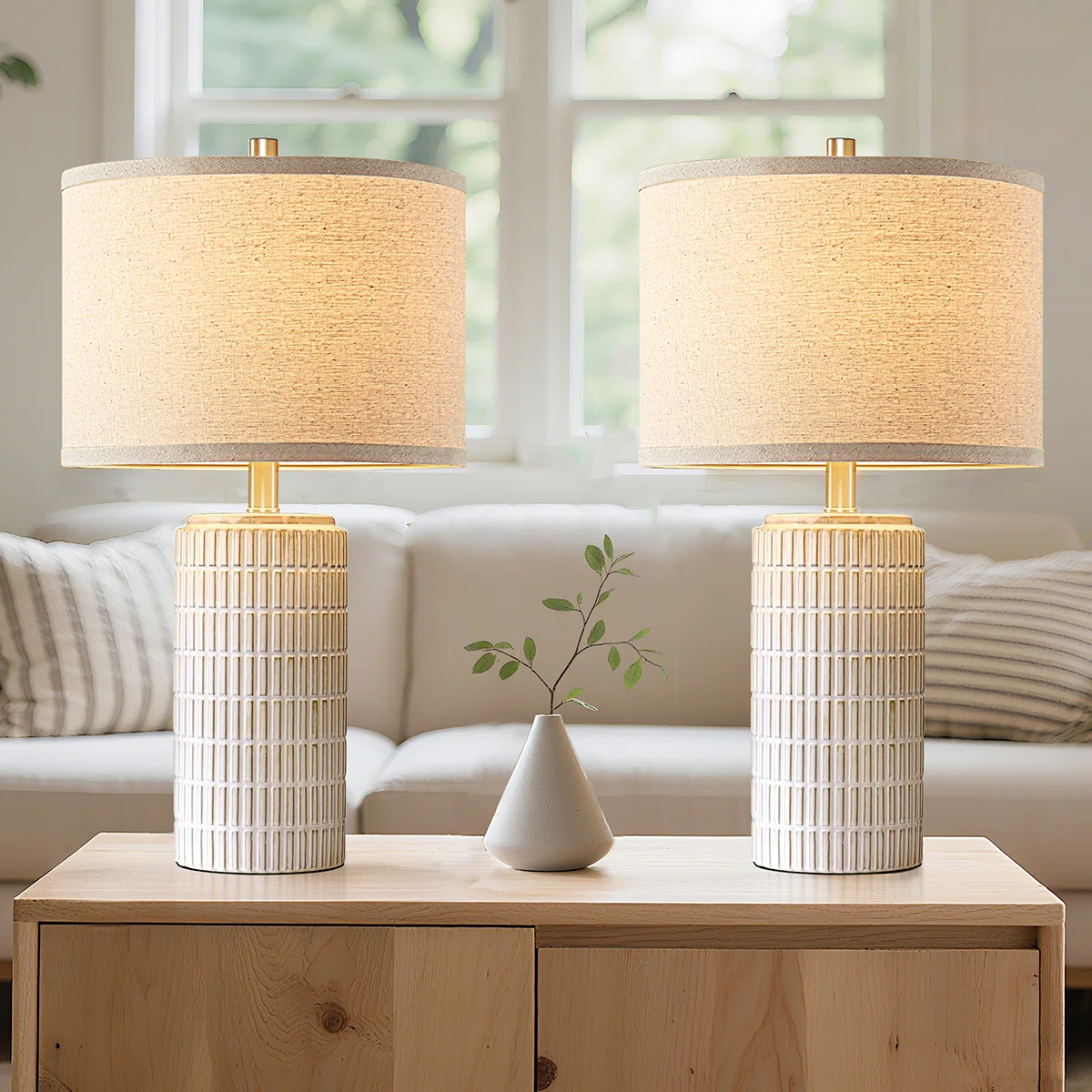  23"Modern Grid-Textured white Ceramic Table Lamp for Living Room Bedroom, Bedside Table, Free Bulb Included (Set of 2)