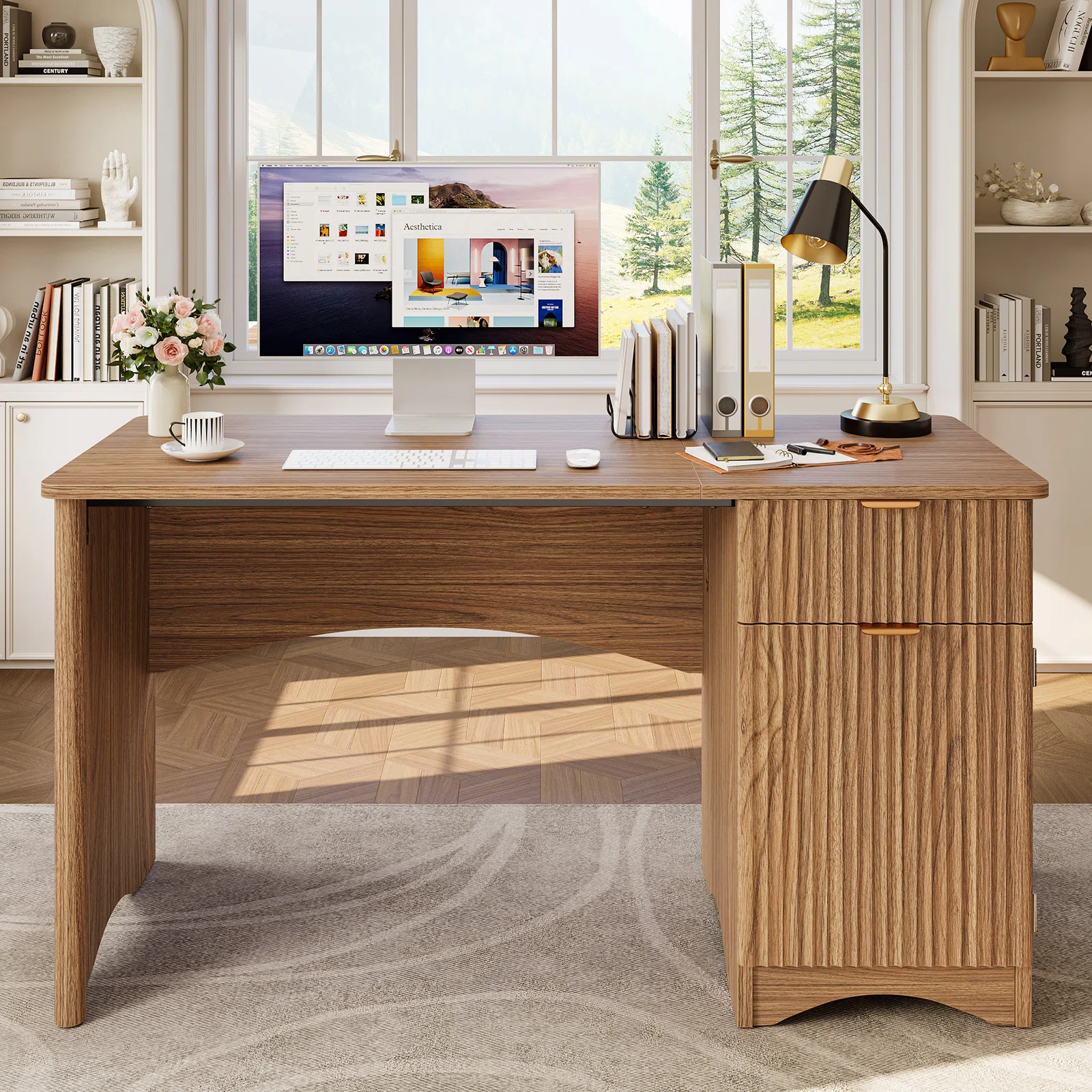 47.24" Fluted Desk With Drawer And Adjustable Storage Cabinet, Modern Writing & Computer Desk