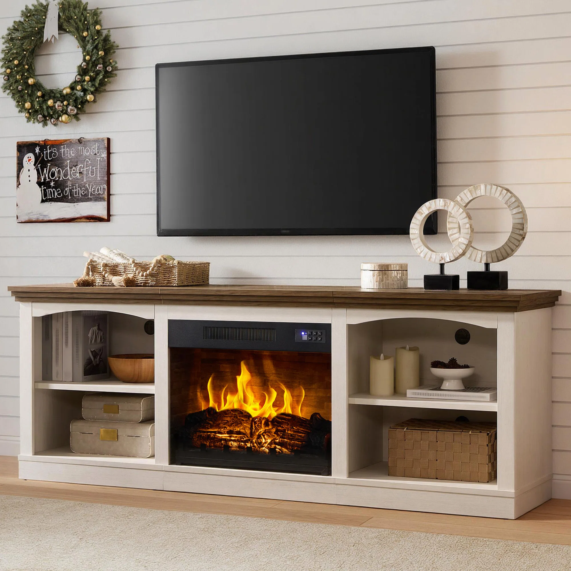 70" Farmhouse Fireplace Tv Stand For 80 Inch Tv, Large Tv Console Table For Living Room, White+barnwood