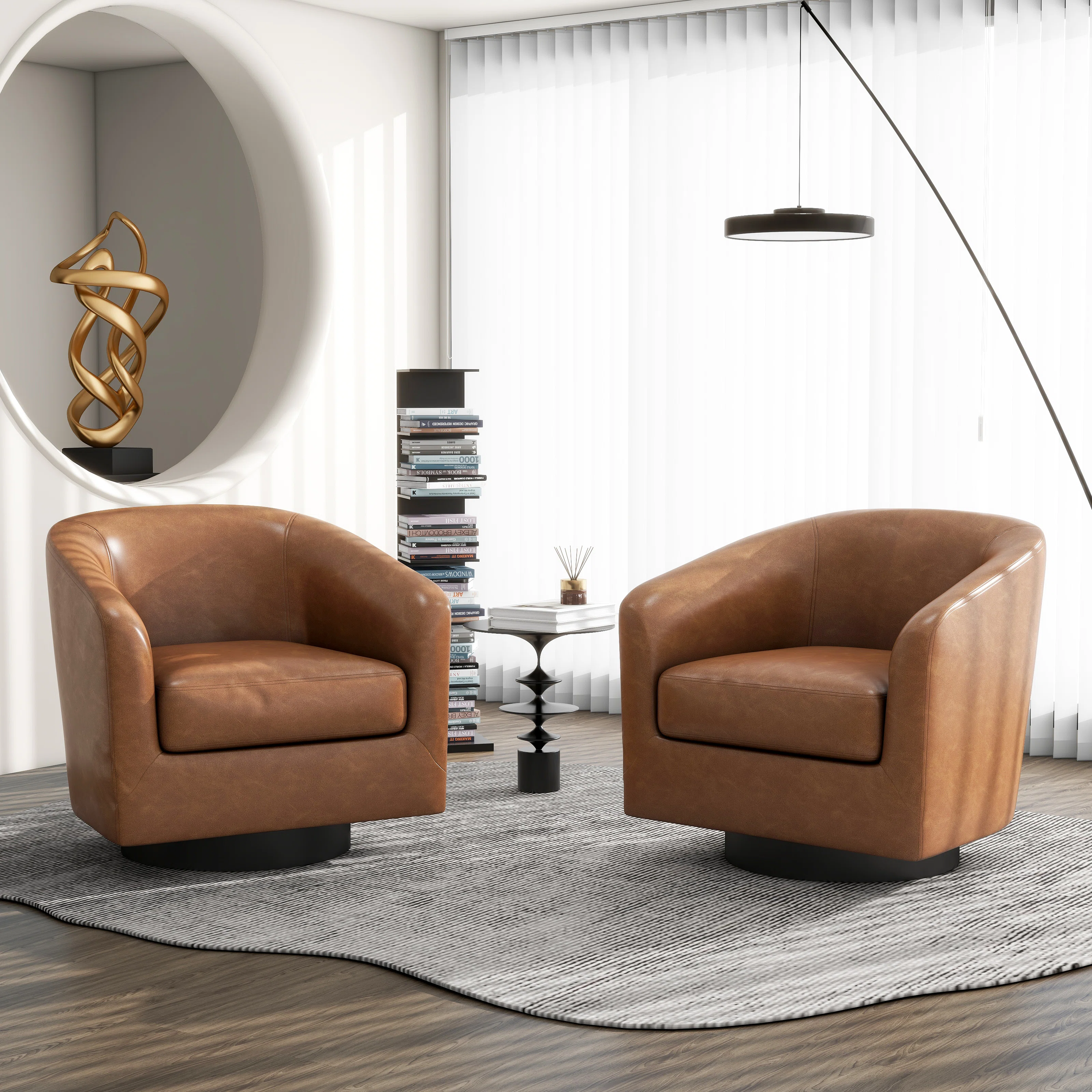 Applewold Upholstered Faux Leather Swivel Barrel Chair with Solid Wood Base