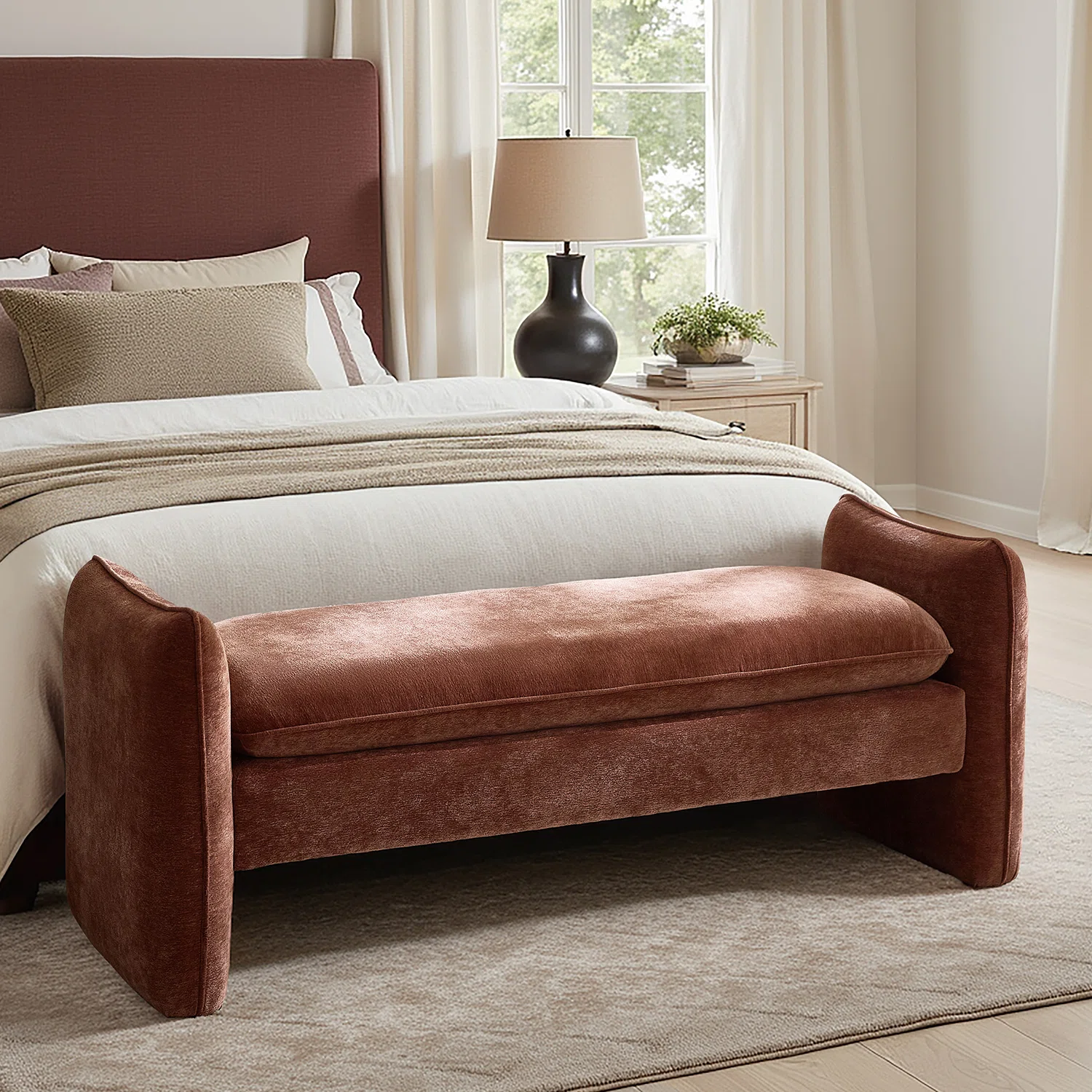Arlesia 57.5"W Modern Chenille Fabric Easy Assembly Upholstered Bench