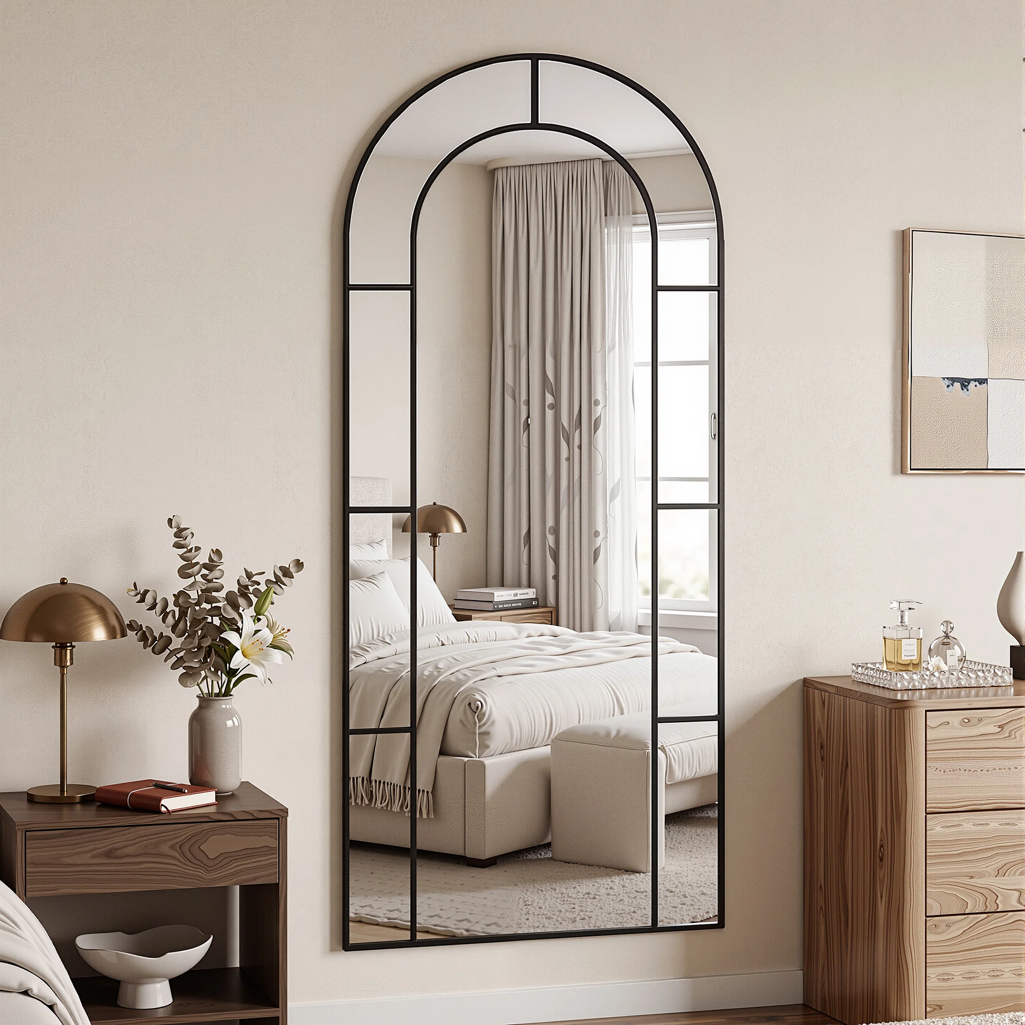 Full Length Mirror, Floor Mirror Arched Window Pane Decorative Mirror, Metal Framed Decor Farmhouse Floor Mirrors Art Pane Mirrors Wall Decor